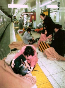 Photo from the morning of the sarin attacks on the Tokyo subway.