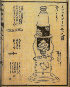 A 1774 Japanese book, "Sayings of the Dutch", with a drawing of a microscope. (Wikipedia)
