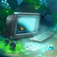 A computer monitor and keyboard underwater.