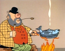 A cartoon still of a tramp cooking a fish over an open fire.